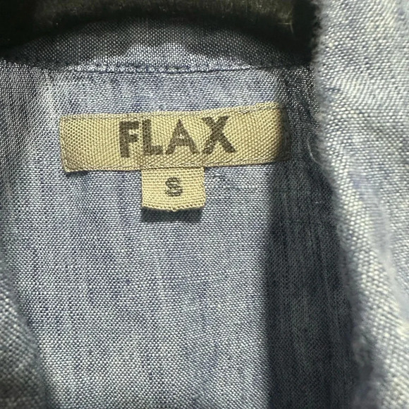 FLAX 100% LINEN BUTTON UP BLUE SHIRT 1/2 Roll Tab Sleeve Size Small Lagenlook - Picture 3 of 4